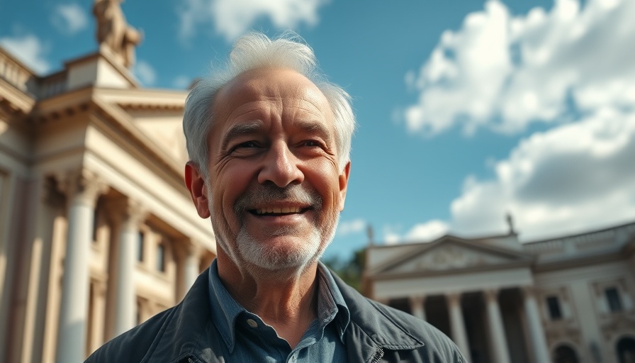 Older man smiling with text 'Banana Republic Rising?' against classical building.