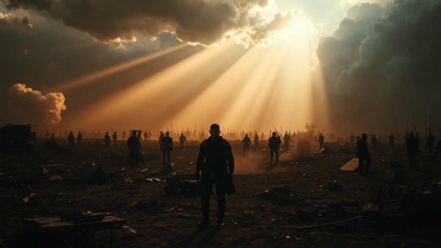 Cinematic apocalyptic battlefield depicting spiritual warfare among faith-driven conservatives.