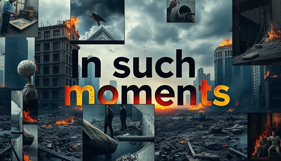 Collage depicting urban devastation with 'In such moments' text.