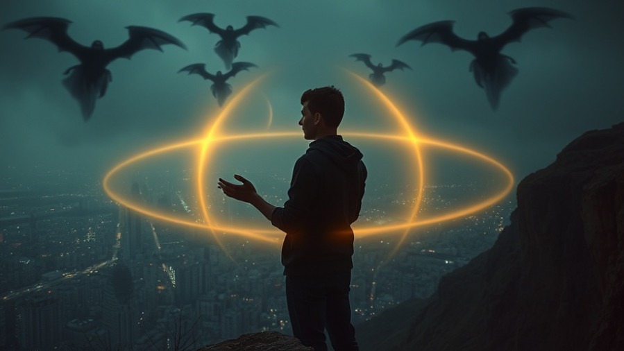 Young adult in quiet worship on a cliff, surrounded by golden light in spiritual warfare.