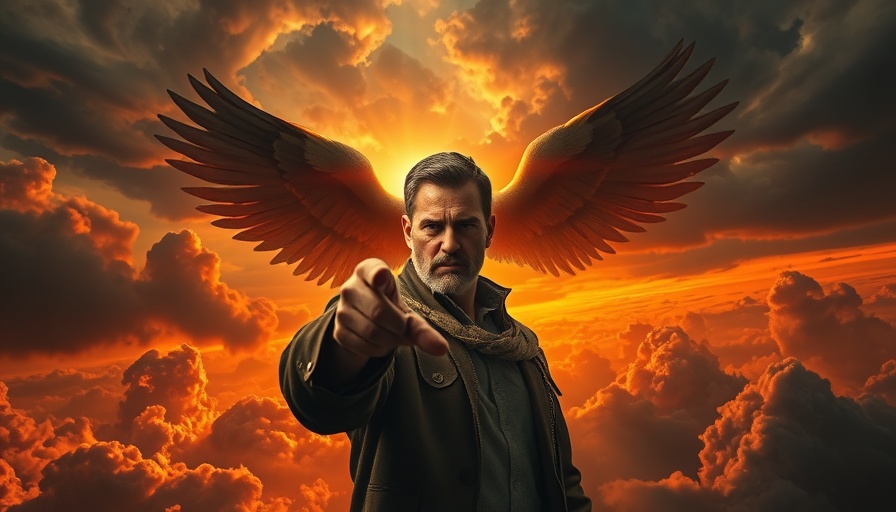 Epic scene of angels in fire with a focused man, 'Understanding Angels' text.
