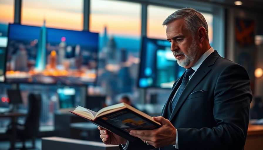 Middle-aged man reading and speaking in modern interior with screens.