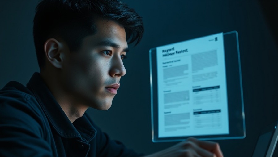 A young man contemplating electoral integrity, gazing at a digital report in dim lighting.