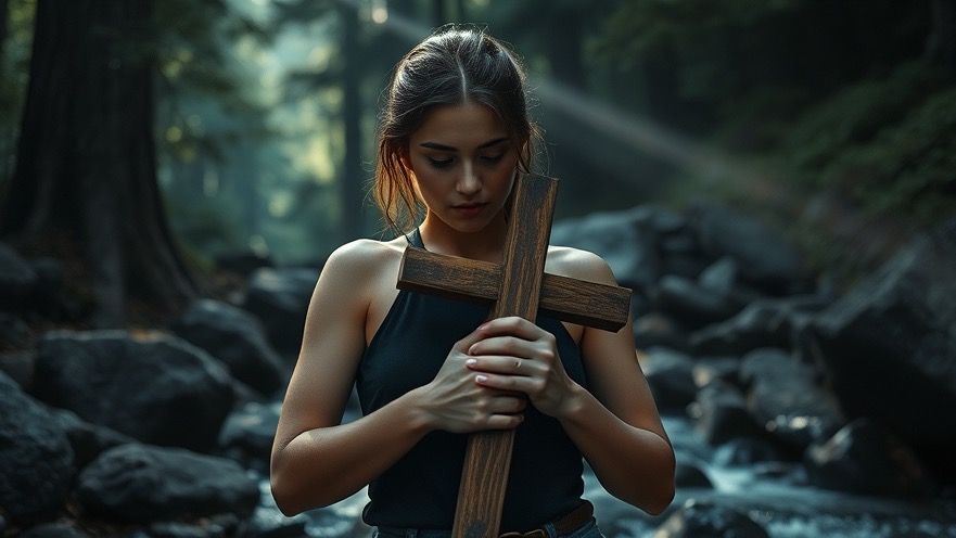 A young woman holding a wooden cross in a serene forest, embodying faith and perseverance.