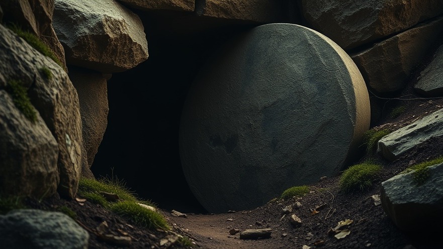 A biblical tomb with a rolled stone, symbolizing resurrection beliefs and spiritual encounters.
