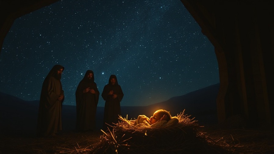 Three wise men reverently observe Baby Jesus under a starry sky, showcasing modern prophecy.