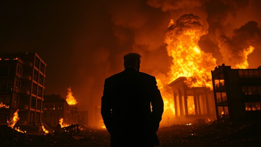 Donald Trump surveys the chaos of fiery ruins, highlighting his strategy on Iran diplomacy.