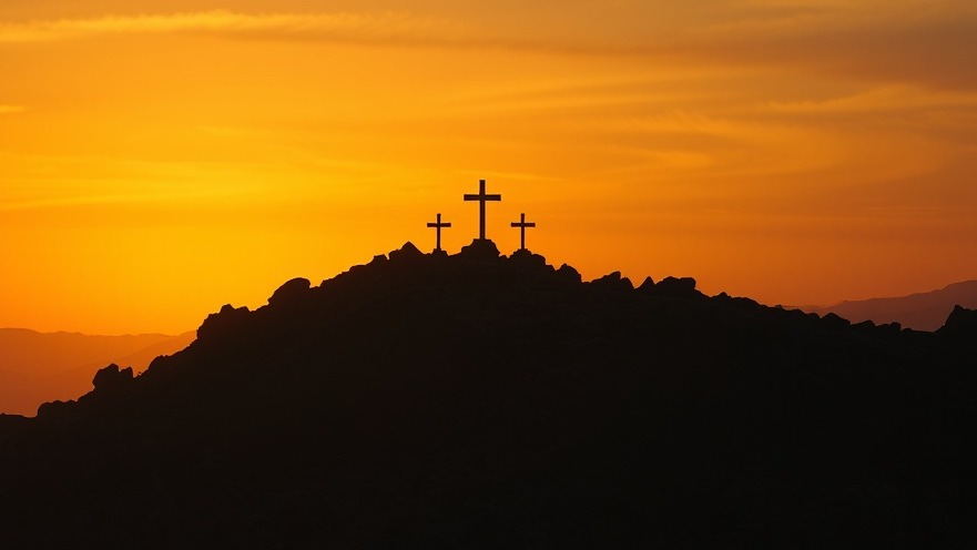 Dramatic hill with three crosses at sunset symbolizes spiritual renewal and sacrifice.
