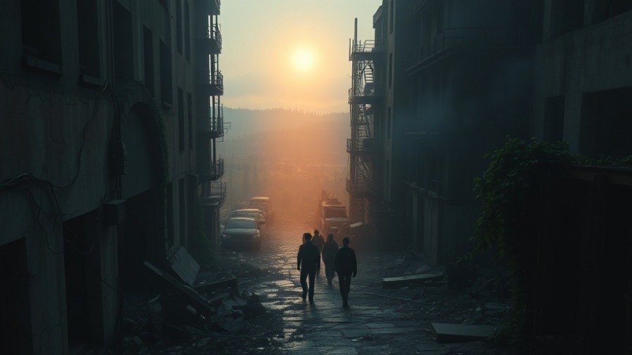 A group follows a warm glow through a post-apocalyptic city, symbolizing faith and patience in choosing joy.