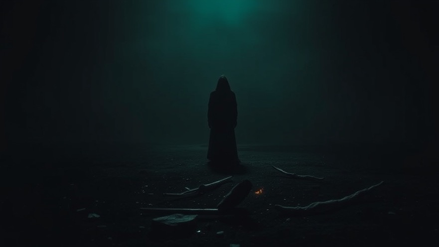A shadowy figure in a desolate landscape, symbolizing moral decline and revival through prayer.