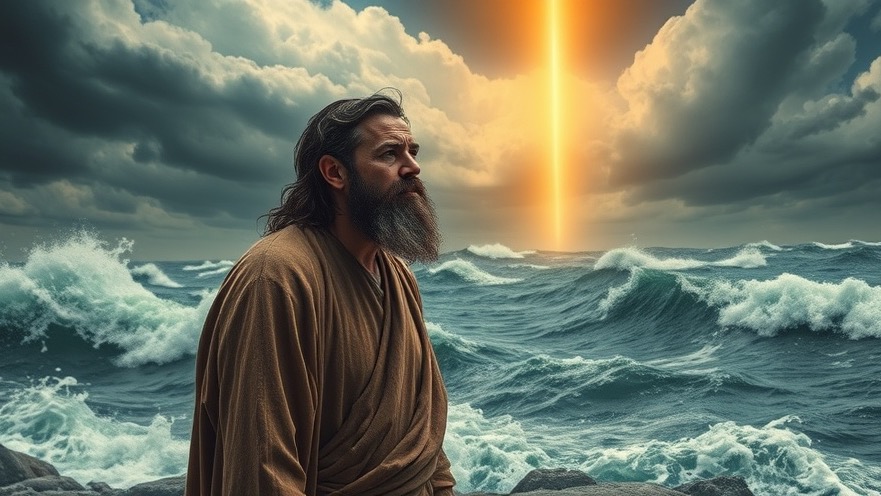 Noah stands at a turbulent ocean, embodying prophetic insight and spiritual warfare.