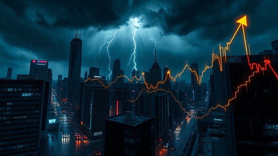 Cinematic stormy urban landscape with digital finance elements, prophetic update by Joseph Z.