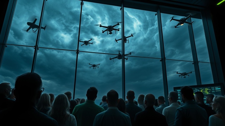 A tense crowd under stormy skies watches high-tech weather modification tools in use.