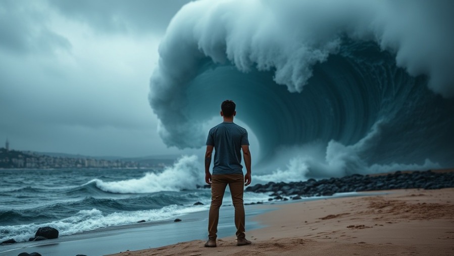 Confident young man facing ocean waves, embodying spiritual warfare and faith.