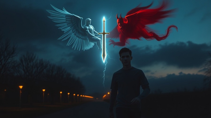 A young man walks through a park at sunset, embodying Spiritual Warfare with angel and demon.