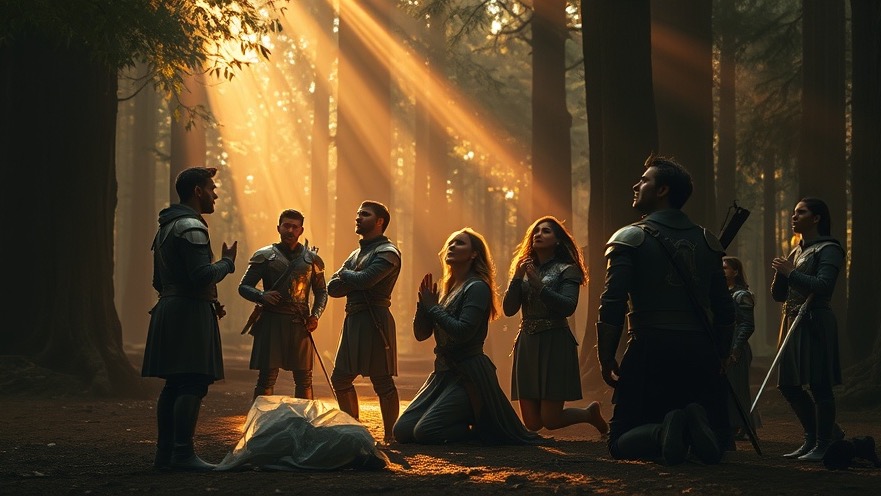 A group in futuristic armor prays in a forest, seeking divine guidance for personal breakthroughs.