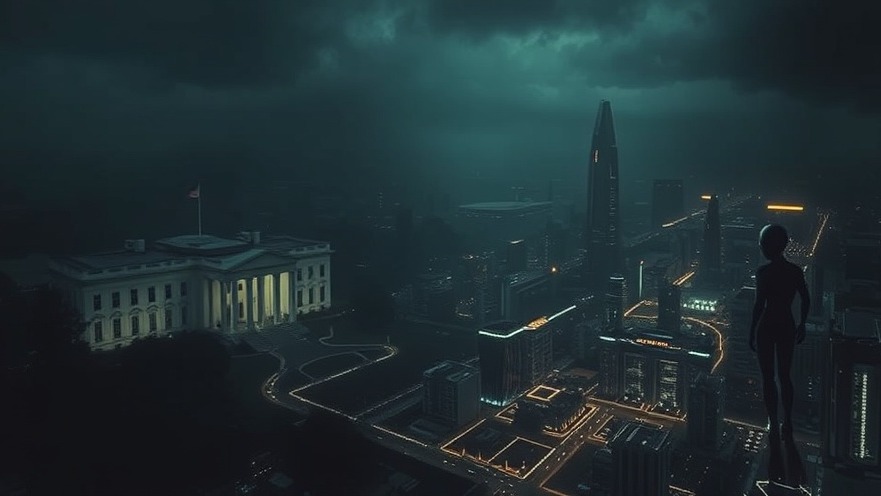 Surreal scene blending White House, futuristic city, and alien figure with prophetic insights.