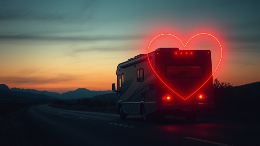Faith-based outreach journey at dawn: RV on winding road with glowing heart.