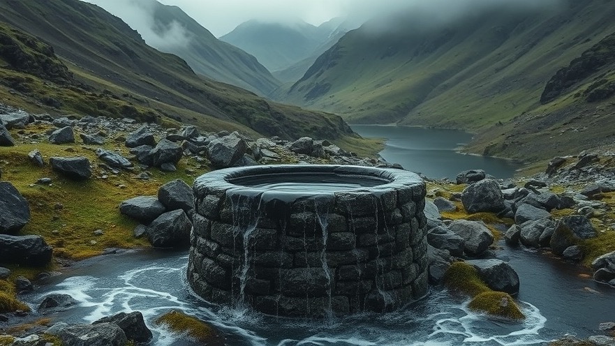 Spiritual renewal at an ancient stone well, surrounded by vibrant nature and mist.