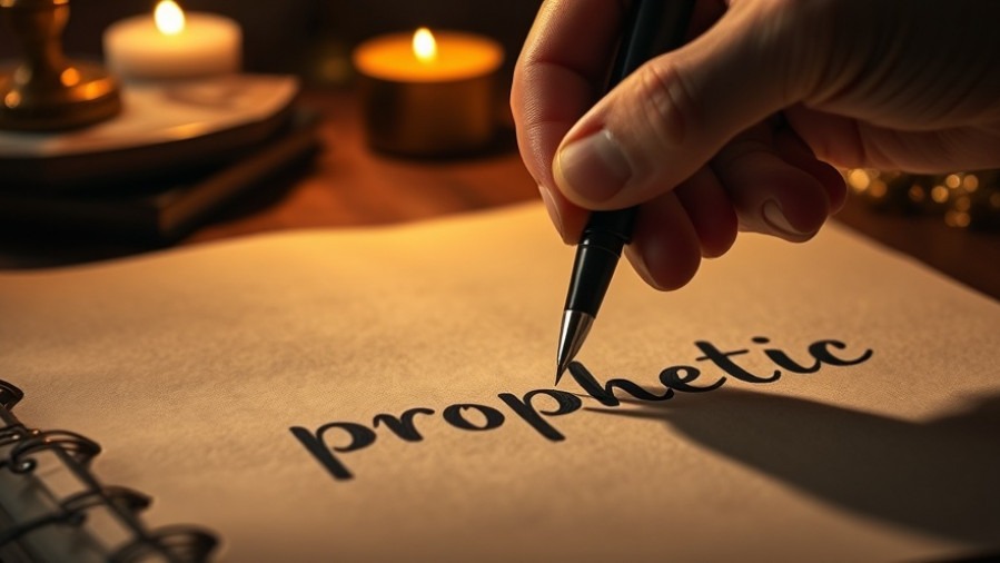 Rick Renner writing 'prophetic' on parchment, capturing Spiritual Warfare and the Power of Prayer.