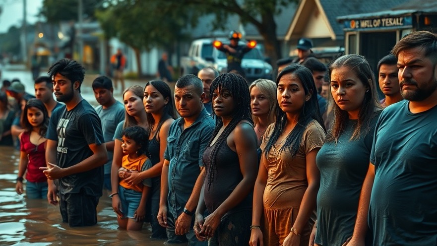 A resilient group faces flood-ravaged Texas, embodying community resilience and hope.