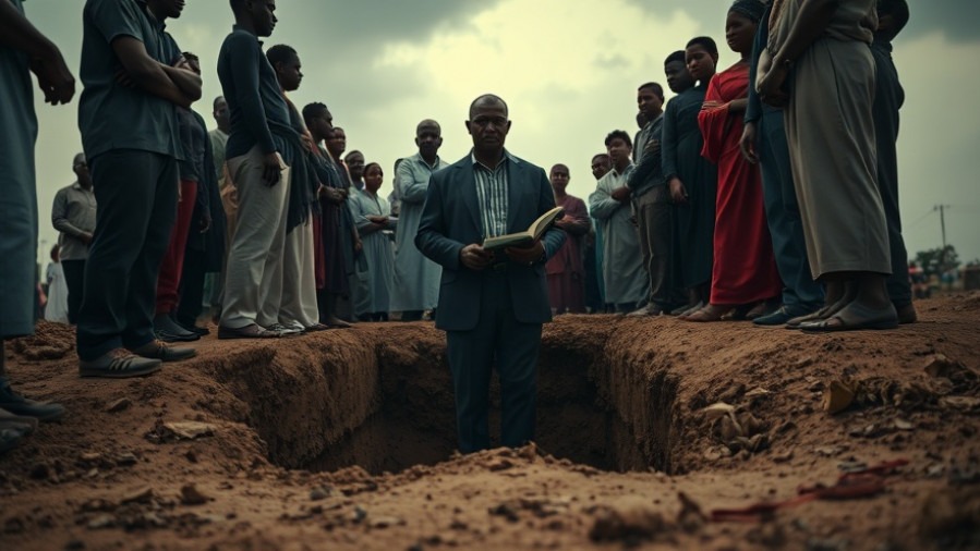 A serious man stands by an open grave in Nigeria, illustrating Christian persecution and spiritual warfare.
