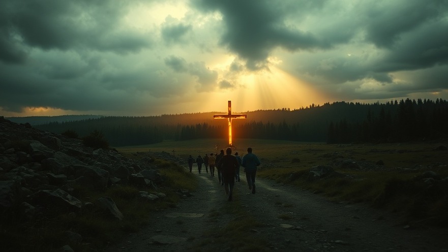 A group amid dramatic scenery races toward a glowing cross, illustrating spiritual warfare and the power of prayer.