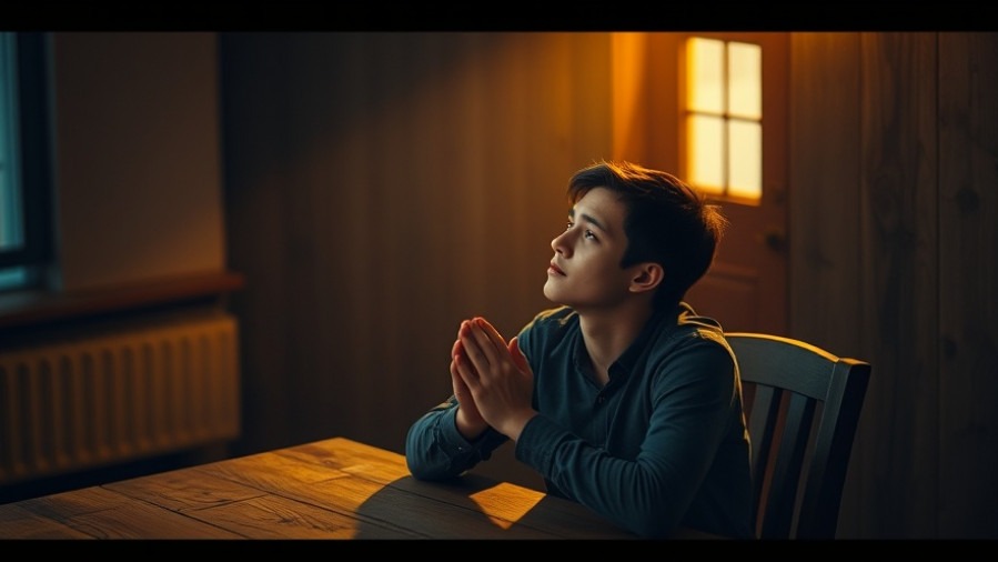 Young man reflecting on Thanksgiving history with spiritual gratitude at a rustic table.