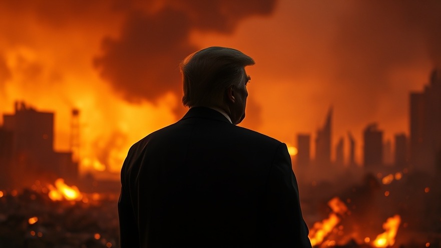 Donald Trump stands resolute amid fiery destruction, reflecting on Iran ceasefire tensions.