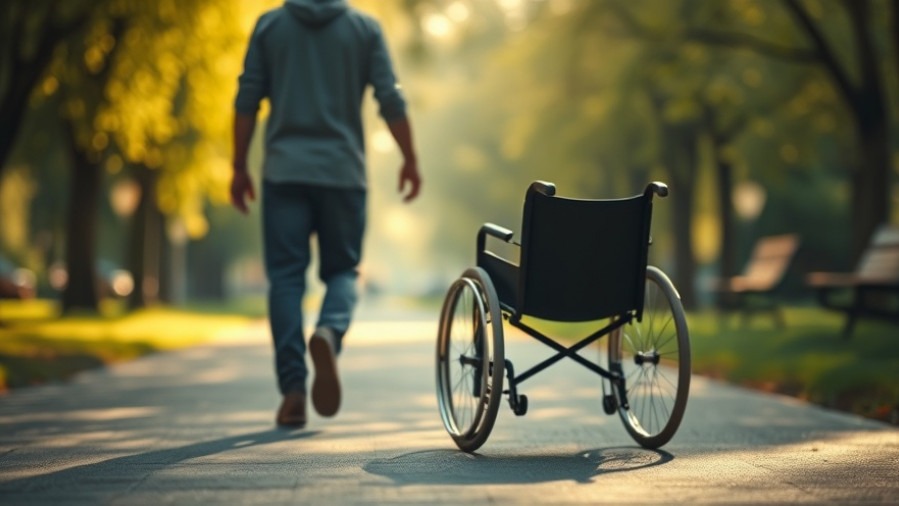A person walks past an empty wheelchair in a serene park, symbolizing miraculous healing and personal breakthroughs.