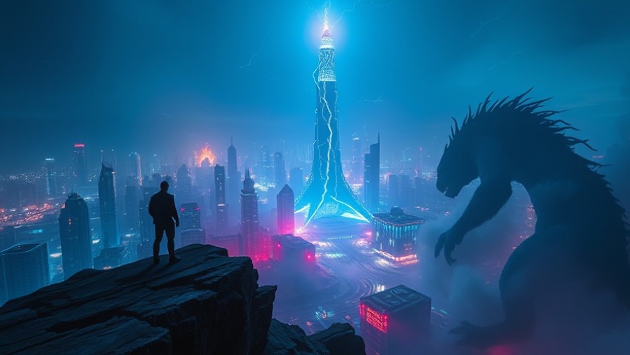 JosephZ's spiritual warfare scene in a cyber-city with battling beasts and energy.