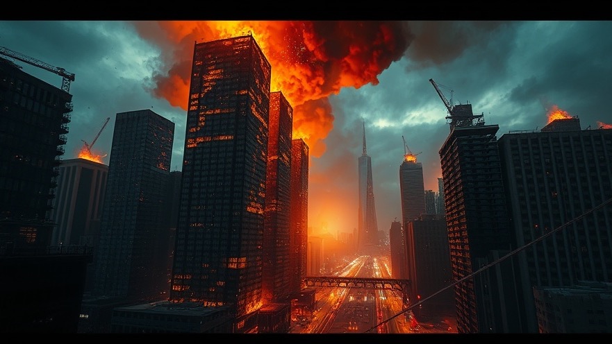 Dystopian cityscape in flames, symbolizing spiritual warfare and divine strategy.