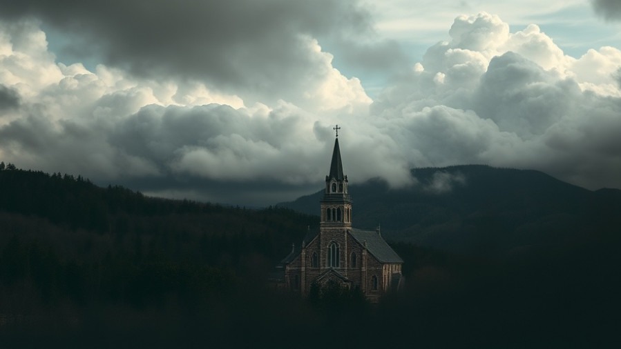 Cinematic overview of a large church amidst nature, symbolizing spiritual revival.
