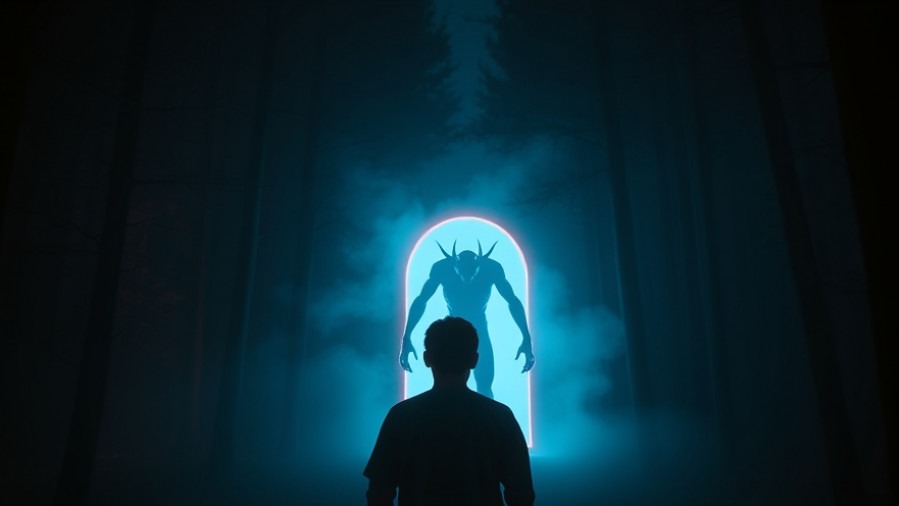 A young man faces a glowing portal in a dark forest, embodying spiritual warfare themes.
