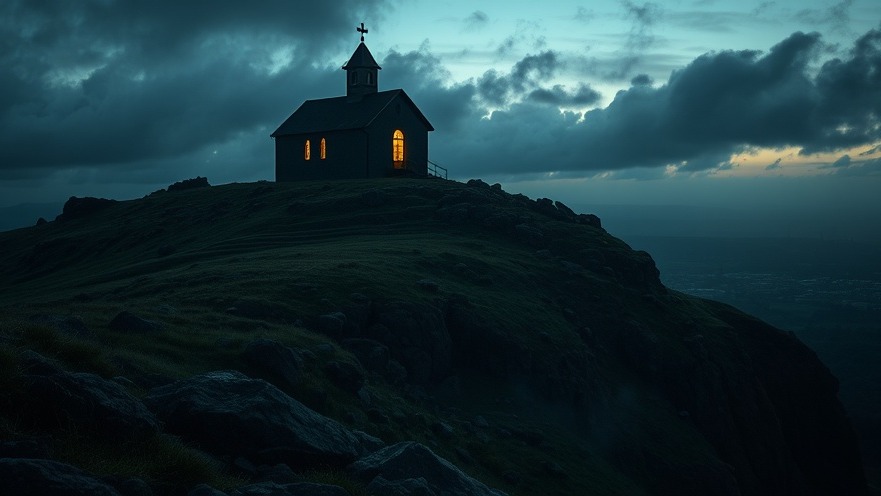 Cinematic church on a hill symbolizing Lance Wallnau's prophetic voices in revival.