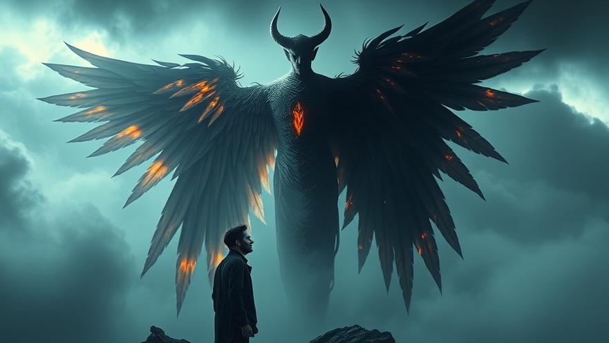 Thoughtful man discerning spiritual truth amid angelic and demonic realms.