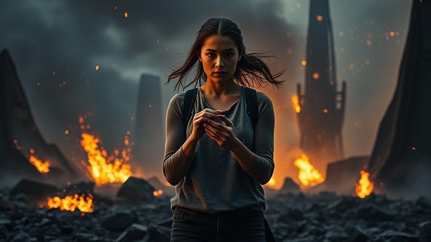 Young woman symbolizes hope amid chaos in dystopian world, inspired by James Goll.