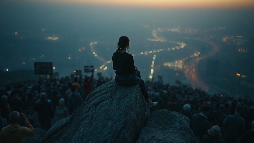 A young woman embodies discernment at dawn, overlooking a chaotic crowd, symbolizing faith-driven influence.