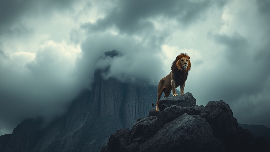 A lion atop a rocky peak symbolizes faith resilience and prophetic insights amidst dark clouds.
