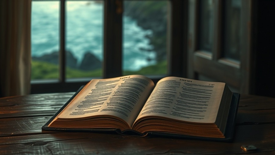 Revival scene with Bible open to Genesis, depicting creation in vibrant detail.