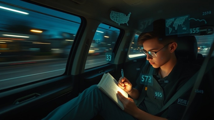 A focused young adult writes prophetic insights in a moving vehicle, illuminated by a glowing phone.