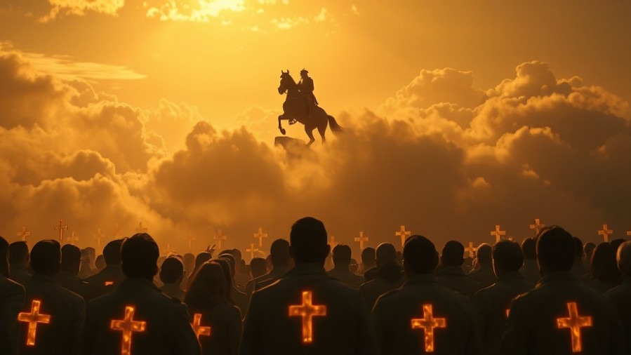 Crowd gazing at a horseman on clouds, symbolizing Biblical prophecy and the Rapture.