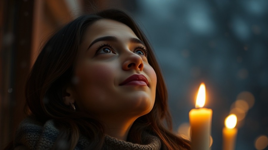 Hopeful woman in warm candlelight, embracing revival and Holy Spirit presence.