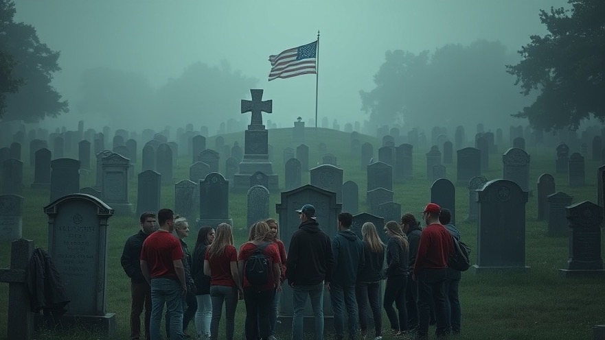 Gen Z teens honor Christian patriots at a misty cemetery, symbolizing faith-driven conservatism.