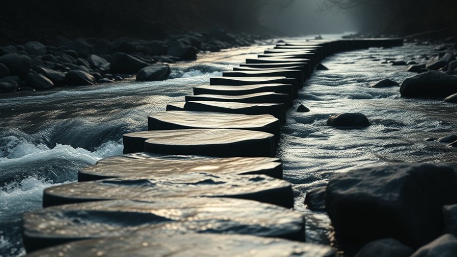 A tranquil path of stones over rushing water, symbolizing spiritual breakthroughs and the power of prayer.