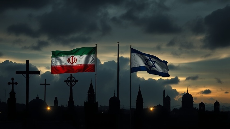 Dramatic skyline with religious symbols and national flags, reflecting Lance Wallnau's vision of Christian unity.