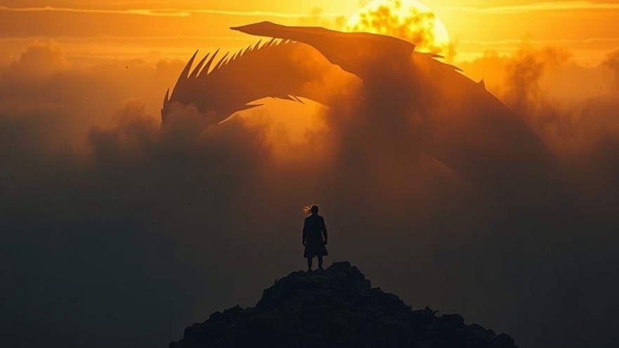 A fearless figure on a mountain peak, embodying God's timing and great grace amidst a dark sunrise.