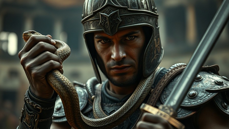 Armored gladiator gripping a severed snake's head, symbolizing revival and political awakening.