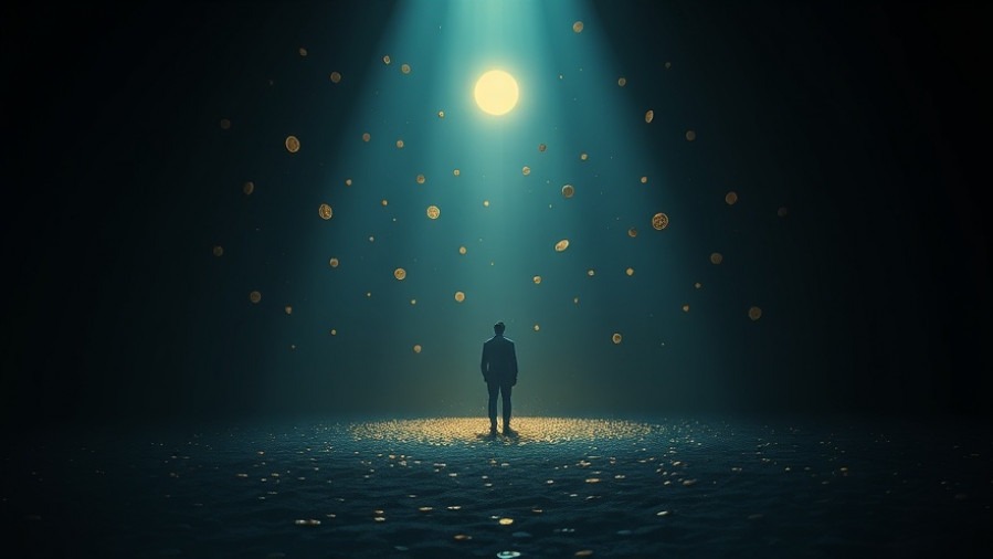 A figure on a spiritual journey amidst glowing symbols and coins, embodying Financial Stewardship.