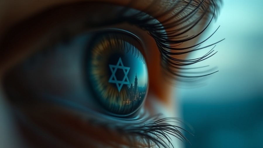 Macro shot of a human eye reflecting a city skyline and a Star of David, representing James Goll's Spiritual Warfare.